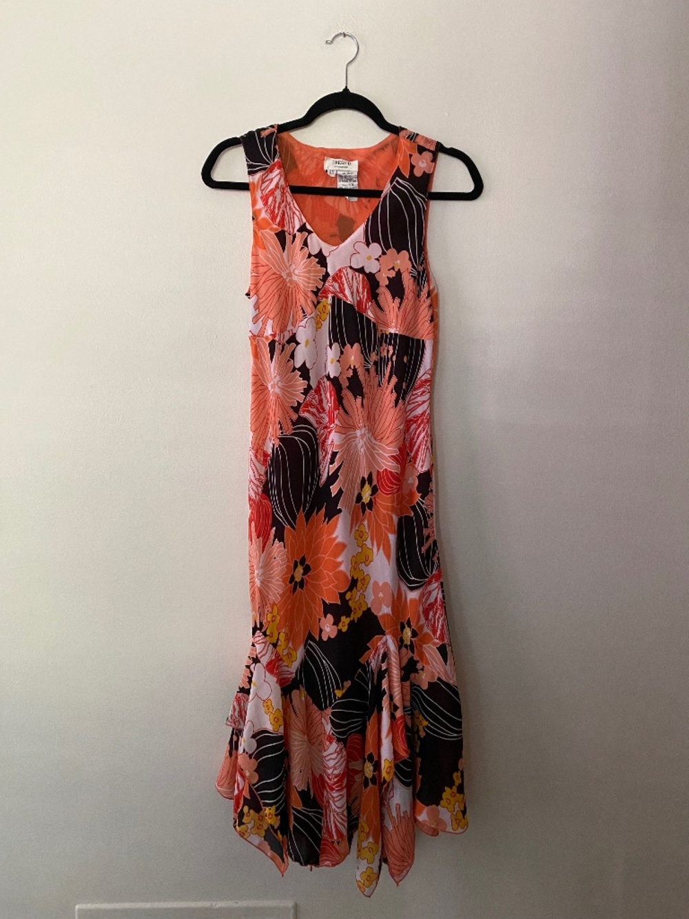 Vintage y2k Black Orange Floral Handkerchief Asymmetrical Fairy Boho Dress 12